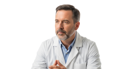 Pensive Male Doctor or Scientist in White Lab Coat Isolated on White Background