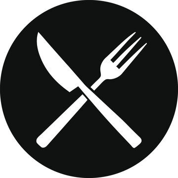 Black circle with crossed knife and fork silhouette isolated on white background