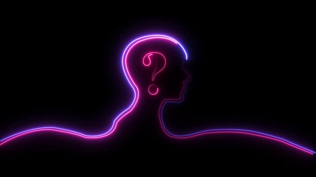 Colorful Glowing neon line Human head with question mark icon on black background. Neon glowing question mark with man head icon on black background. 4k video