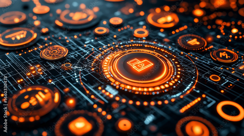 Poster hyper realistic image of ai powered antivirus system featuring glowing orange icons and intricate di