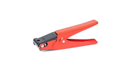 A vivid red cable crimper tool lies flat against a plain white background.