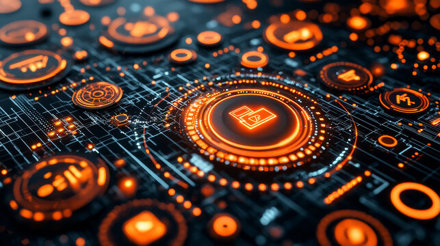Hyper realistic image of AI powered antivirus system featuring glowing orange icons and intricate digital patterns, conveying sense of advanced technology and security
