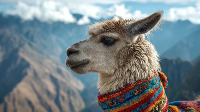 Close-up of a llama wearing a colorful Andean scarf, with a blurred mountain backdrop