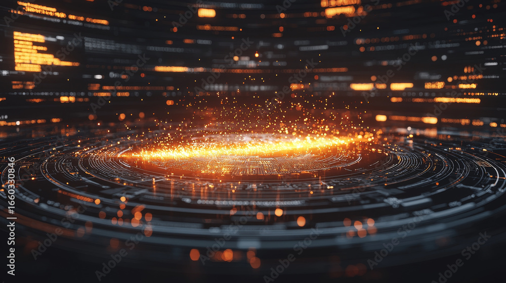 Poster vibrant digital landscape featuring glowing particles and intricate circular patterns, creating sens