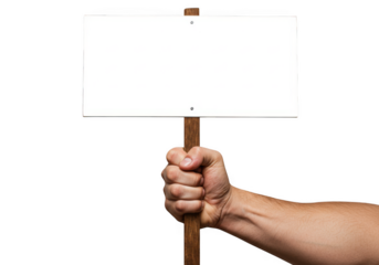 Hand holding a blank white sign on a wooden stick isolated on transparent background