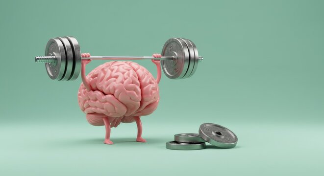 Mental Fortitude: A conceptual image shows a brain lifting weights, symbolizing mental strength, cognitive training, and the power of the mind.