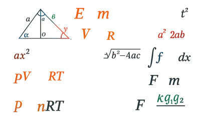 Scientific formulas for geometry, algebra, physics, chemistry on a school-themed background.