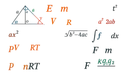Scientific formulas for geometry, algebra, physics, chemistry on a school-themed background.