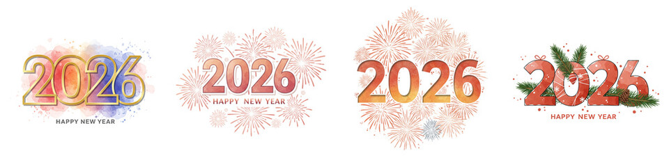 Set of isolated 2026 New Year designs with festive elements  
