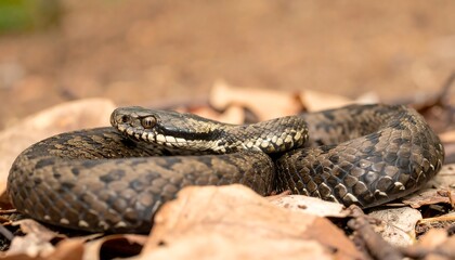 Obraz premium Close-up of a coiled viper resting amidst fallen autumn leaves, showcasing its intricate patterned scales and attentive gaze.