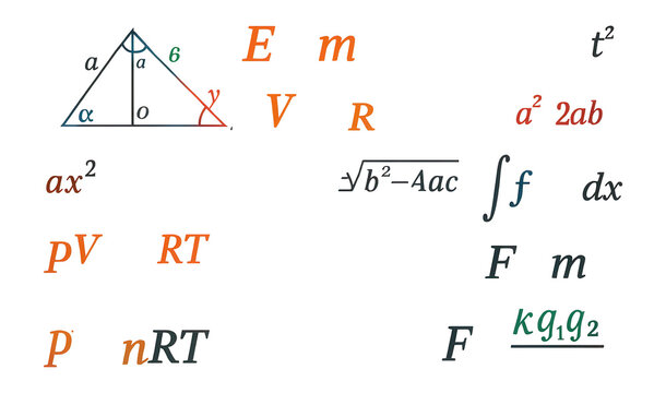 Scientific formulas for geometry, algebra, physics, chemistry on a school-themed background.