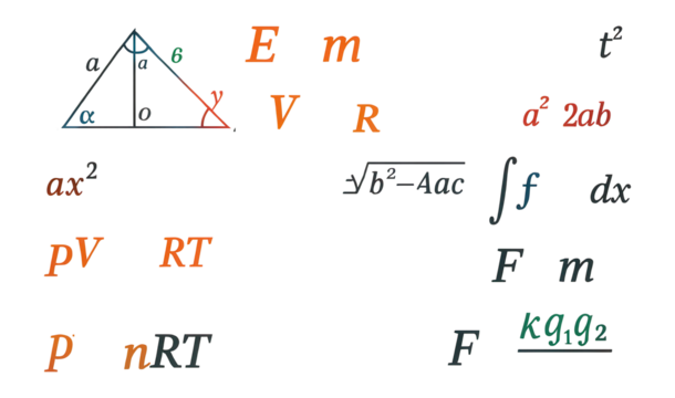 Scientific formulas for geometry, algebra, physics, chemistry on a school-themed background.