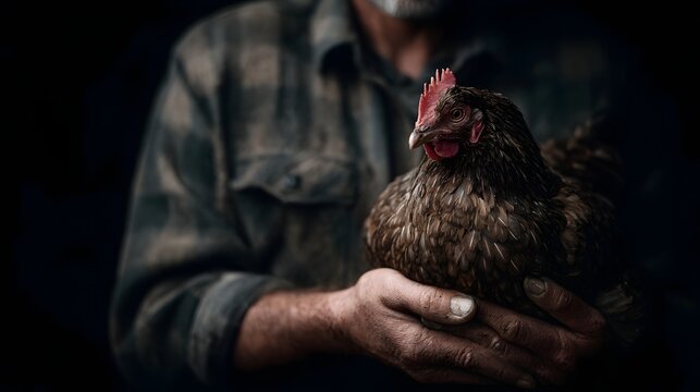 A farmer holding a chicken in a rural portrait scene