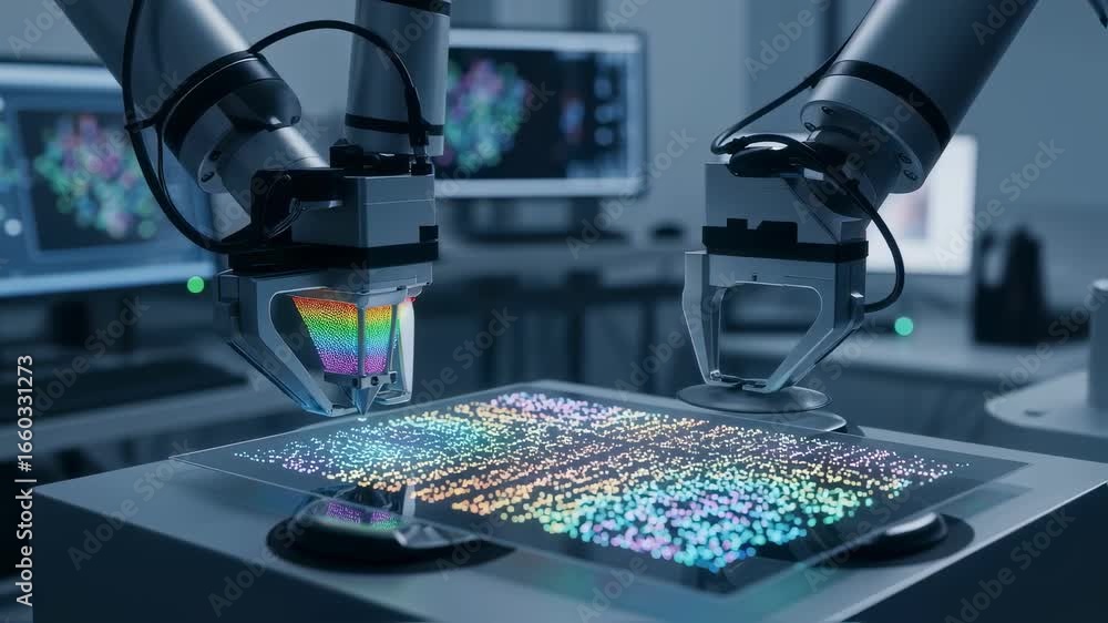 Aufkleber robotic arms in a sterile lab environment performing multilayer inkjet printing of quantumdot films 