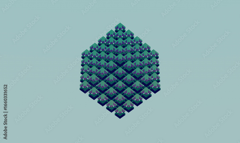 Poster a geometric pattern of blue-green, pixelated diamond shapes forming a cube-like structure against a 