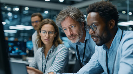 Diverse business team in a modern glass office, mixed genders and ethnicities, working with futuristic holographic interface, teamwork and innovation concept, professional corporate style