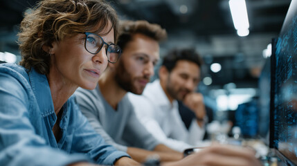 Diverse business team in a modern glass office, mixed genders and ethnicities, working with futuristic holographic interface, teamwork and innovation concept, professional corporate style