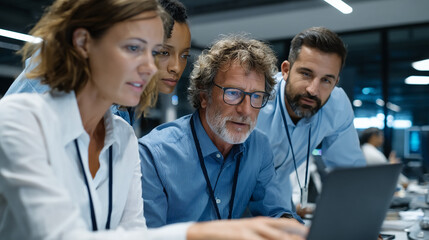 Diverse business team in a modern glass office, mixed genders and ethnicities, working with futuristic holographic interface, teamwork and innovation concept, professional corporate style