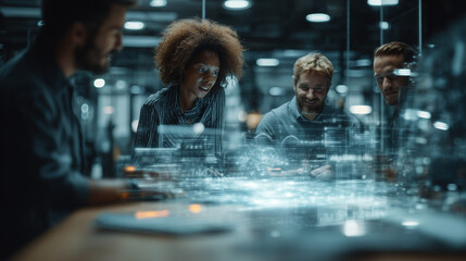 Diverse business team in a modern glass office, mixed genders and ethnicities, working with futuristic holographic interface, teamwork and innovation concept, professional corporate style