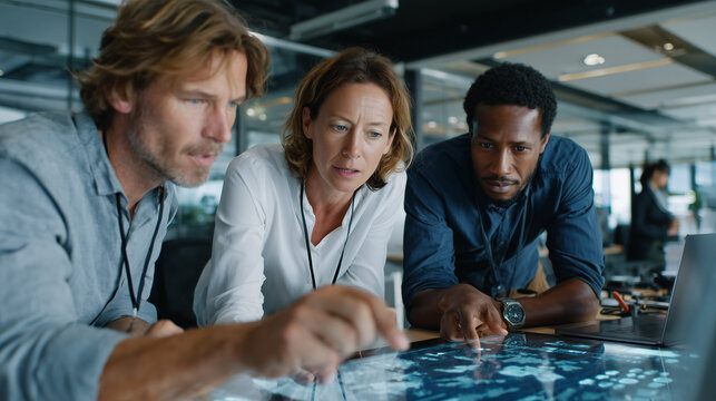 Diverse business team in a modern glass office, mixed genders and ethnicities, working with futuristic holographic interface, teamwork and innovation concept, professional corporate style