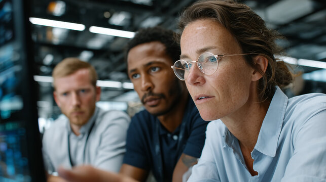 Diverse business team in a modern glass office, mixed genders and ethnicities, working with futuristic holographic interface, teamwork and innovation concept, professional corporate style - Powered by Adobe