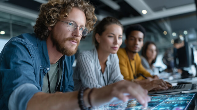 Diverse business team in a modern glass office, mixed genders and ethnicities, working with futuristic holographic interface, teamwork and innovation concept, professional corporate style