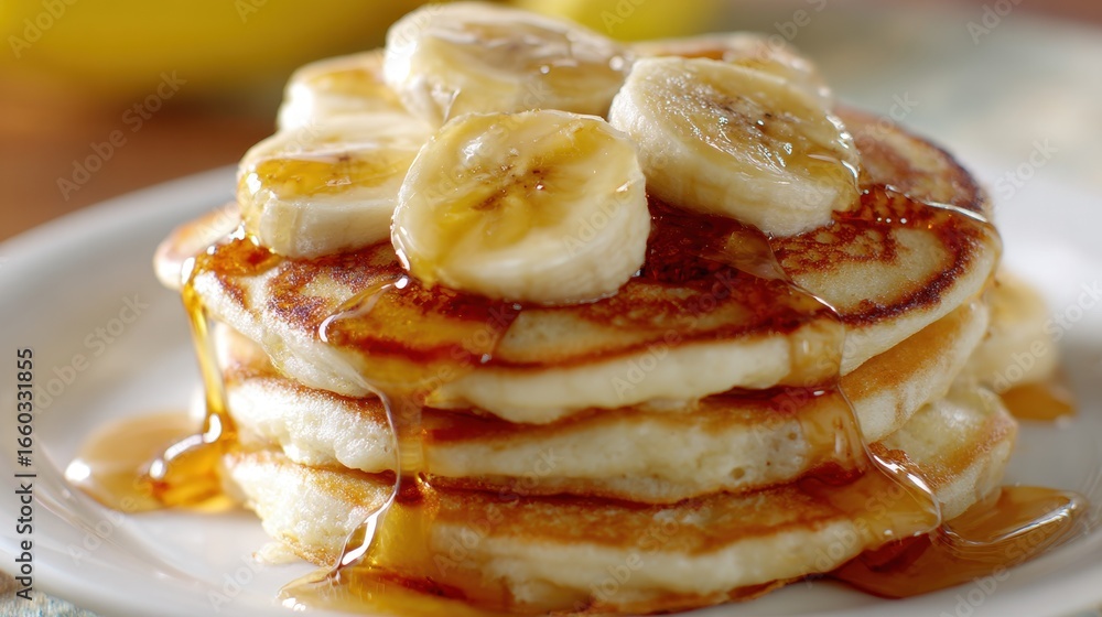 Aufkleber Medium shot of a stack of fluffy pancakes drizzled with honey and sliced bananas sharp focus on syrup gloss while plate edges and setting are blurred.