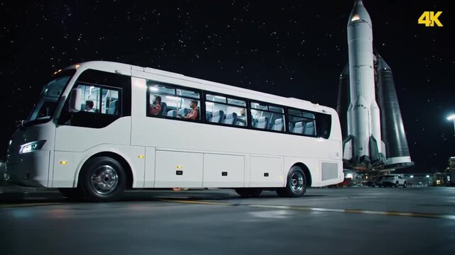 Space Shuttle Tour: Futuristic Bus Ride Under Starry Night