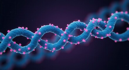 Stunning 3D render of a dynamic DNA helix structure with vibrant pink nucleotides on a dark background