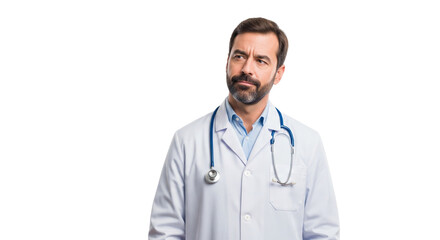 Pensive Male Doctor in Lab Coat with Stethoscope Looking Up and Thinking