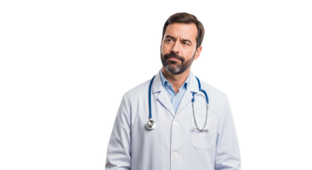 Pensive Male Doctor in Lab Coat with Stethoscope Looking Up and Thinking