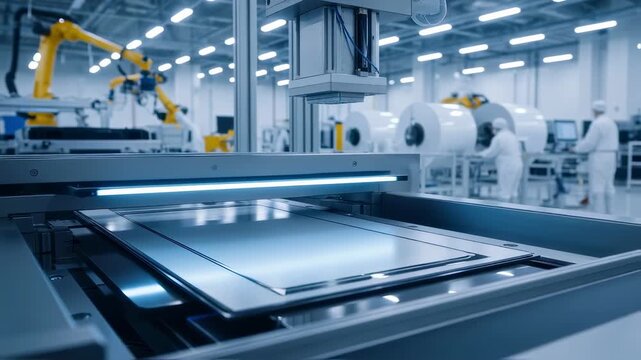 Innovative electrode coating technology showcased in a solidstate battery gigafactory emphasizing uniformity and efficiency.