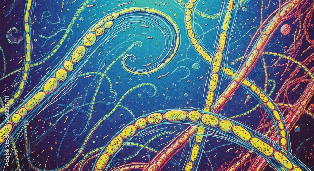 Poster vibrant microscopic abstract art featuring colorful curved patterns in a dynamic underwater scene