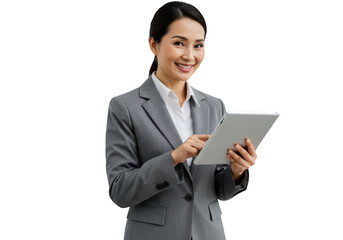 Smiling confident businesswoman in a gray suit holding and looking at a tablet isolated on transparent background