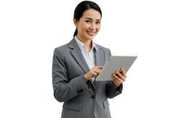 Smiling confident businesswoman in a gray suit holding and looking at a tablet isolated on transparent background