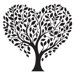 Heart shaped tree with birds and hearts isolated on white background