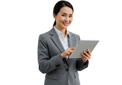 Smiling confident businesswoman in a gray suit holding and looking at a tablet isolated on transparent background