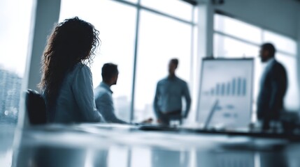 Business team discussing charts in a corporate meeting room