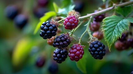 black berry on branch with green lush background
