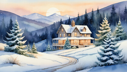 Fototapeta premium Charming watercolor winter landscape featuring a cozy house and snow-covered mountains
