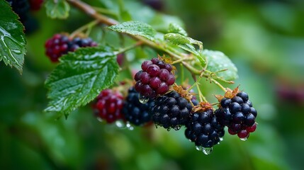 black berry on branch with green lush background