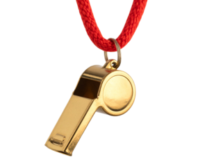 “Classic gold Whistle Hanging on Red Lanyard, Isolated PNG”.