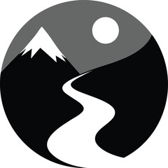 Circular silhouette of a mountain landscape with a winding river and sun isolated on white background