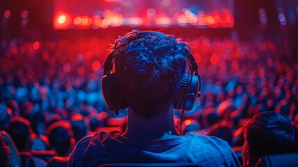 Immersed gamer at esports event with vibrant lights and cheering crowd creates dynamic gaming experience