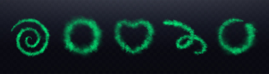 Realistic green smoke shapes rings. Spiral smoke or haze, overlay effect on a transparent background. Circular magic fog, vapor. Abstract vector illustration