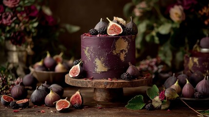 beautiful rustic autumn wedding cake, deep purple fresh fig top on cake 