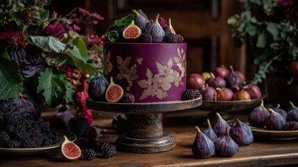 beautiful rustic autumn wedding cake, deep purple fresh fig top on cake 