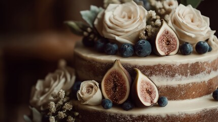 A rustic wedding cake with layers of fresh fig fruit and flowers 