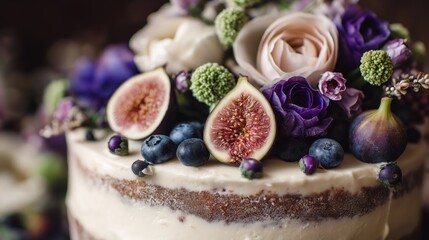 A rustic wedding cake with layers of fresh fig fruit and flowers 
