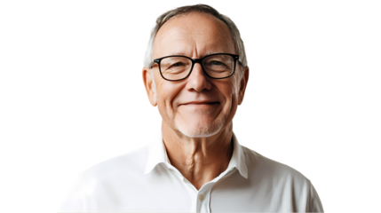 Happy Senior Man Smiling Portrait White Hair Glasses Isolated transparent on white background